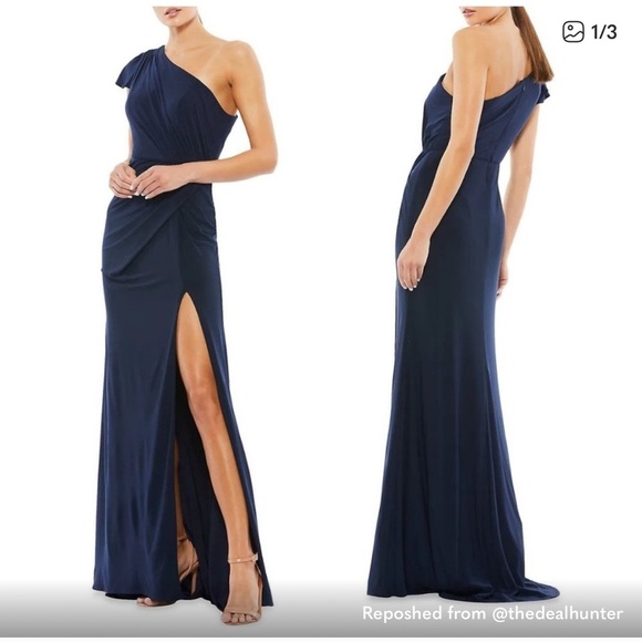 Mac Duggal Dresses & Skirts - Mac Duggal One-Shoulder Draped Jersey Sheath Gown Navy